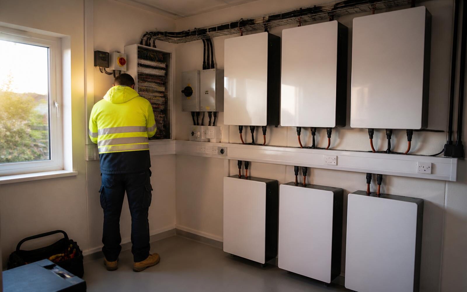 Battery storage units and inverters neatly mounted in a plant room