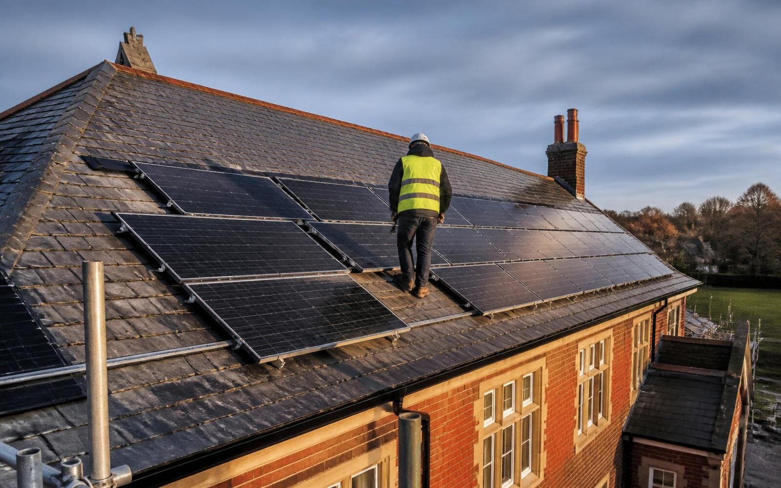 Engineer on a scaffold tower fitting solar panels to the pitched roof of a community building