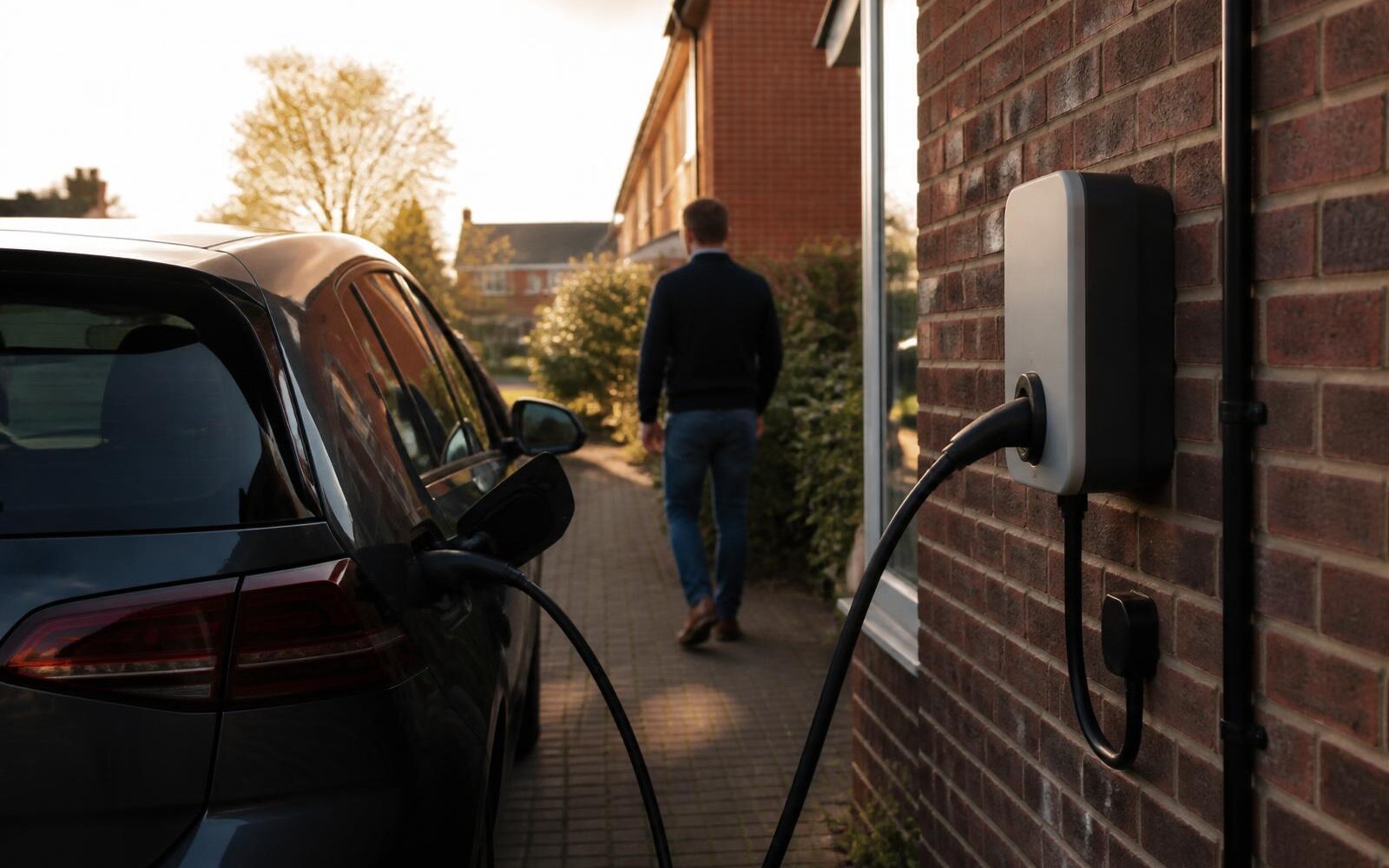 Electrician commissioning a wall-mounted EV charge point on a domestic driveway