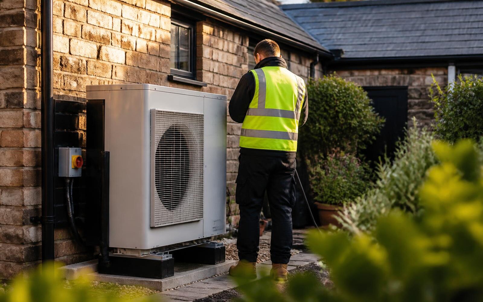 Air source heat pump and EV charge point installed on the outside wall of a brick house